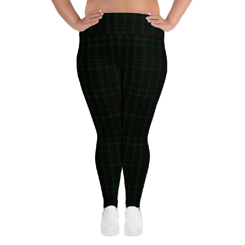 Dark Green Plaid Plus Size Tights, Scottish Tartan Print Plus Size Leggings-Made in USA/EU Comfortable Power Mesh Leggings