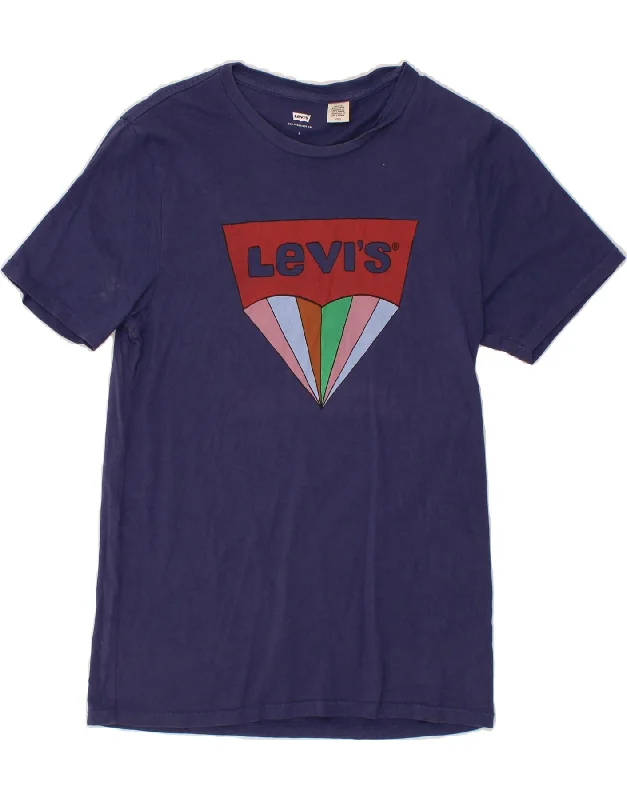 LEVI'S Mens Graphic T-Shirt Top Small Navy Blue Cotton Denim Fabric Leather Fabric Suede Fabric