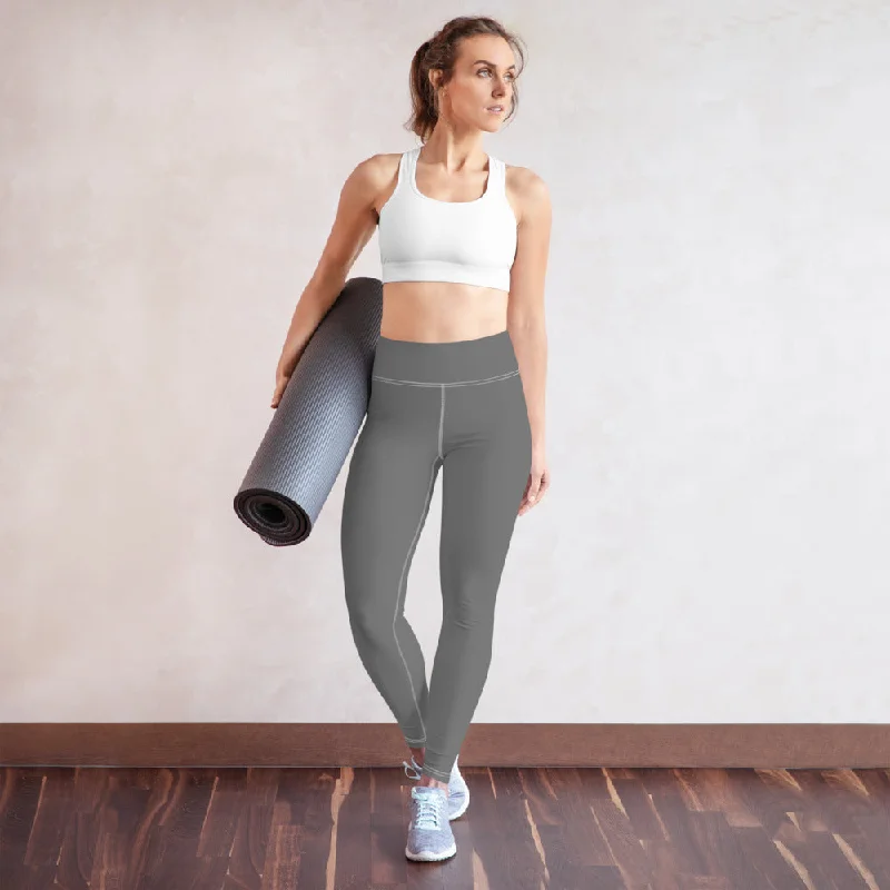 Grey Solid Color Yoga Leggings, Best Women's Gray Long Workout Tights- Made in USA/EU/MX Trendy Cut-Out Activewear Leggings