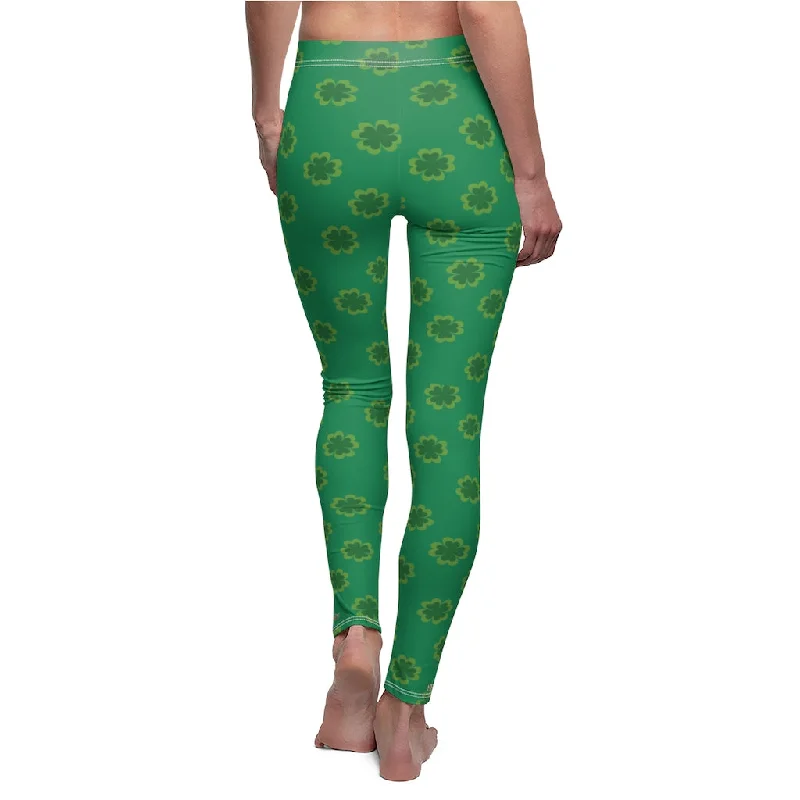 Green St. Patrick's Day Tights, Best Green Clover Print Women's Dressy Long Casual Leggings- Made in USA Comfortable Lounge Leggings