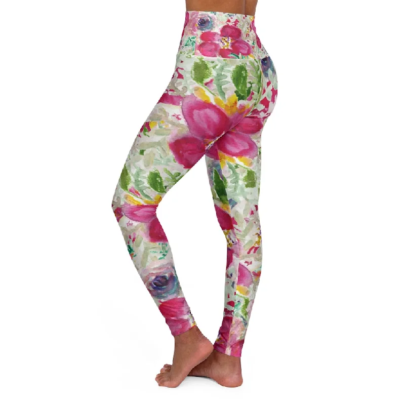 Pink Floral Yoga Pants, High Waisted Leggings, Patterned Long Women Yoga Tights-Made in USA Trendy Patterned Leggings
