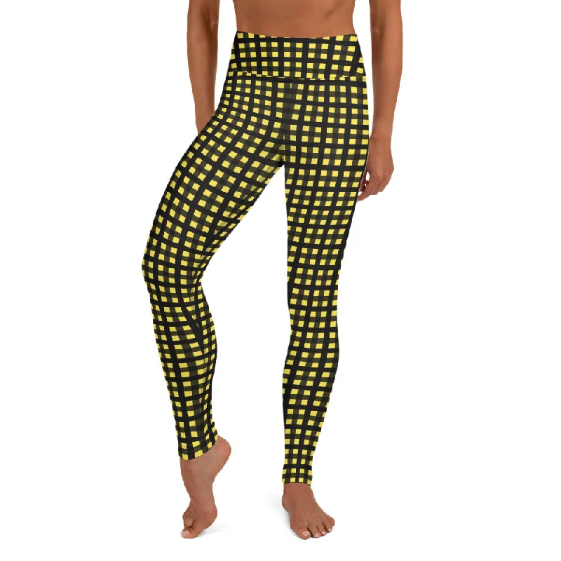 Yellow Buffalo Plaid Women's Leggings, Best Long Yoga Pants Tights- Made in USA/EU Fashionable Minimal Active Leggings