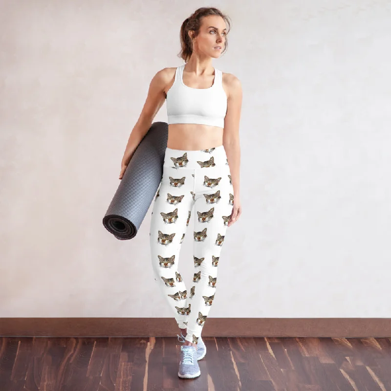 White Cat Leggings, Peanut Meow Calico Cat Print Premium Yoga Leggings- Made in USA/EU Trendy Faux Suede Leggings