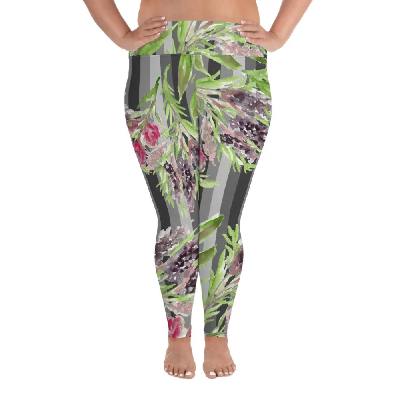 Floral Print Plus Size Leggings, Gray Vertical Striped Women's Long Yoga Pants-Made in USA/EU Elegant Full-Body Leggings Floral Print Plus Size Leggings, Gray Vertical Striped Women's Long Yoga Pants-Made in USA/EU Elegant Full-Body Leggings