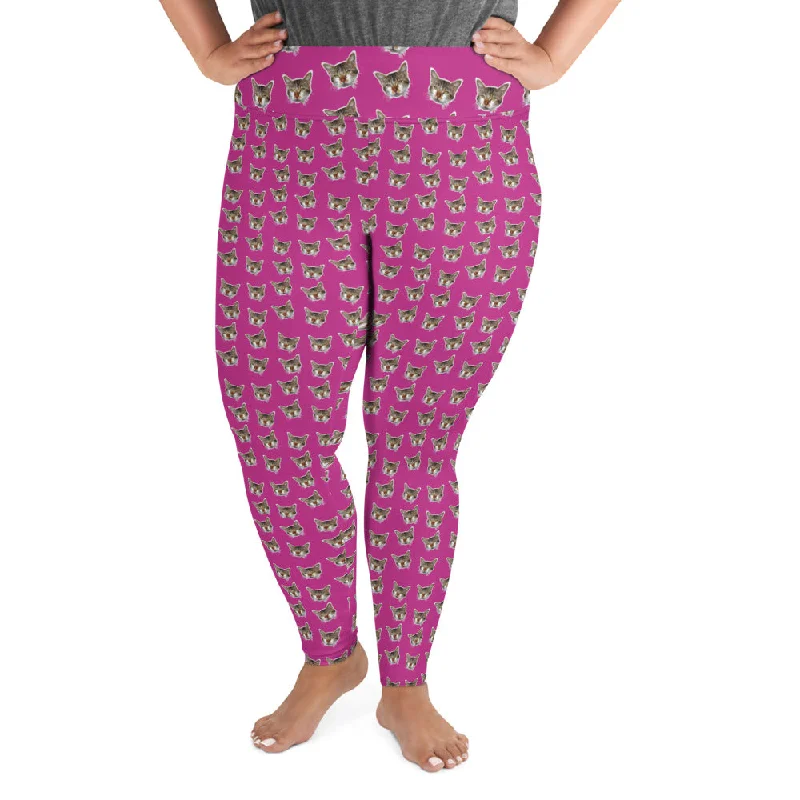 Hot Pink Cat Print Leggings, Women's Plus Size Yoga Leggings Tights - Made in USA/EU Cozy Yoga Compression Leggings