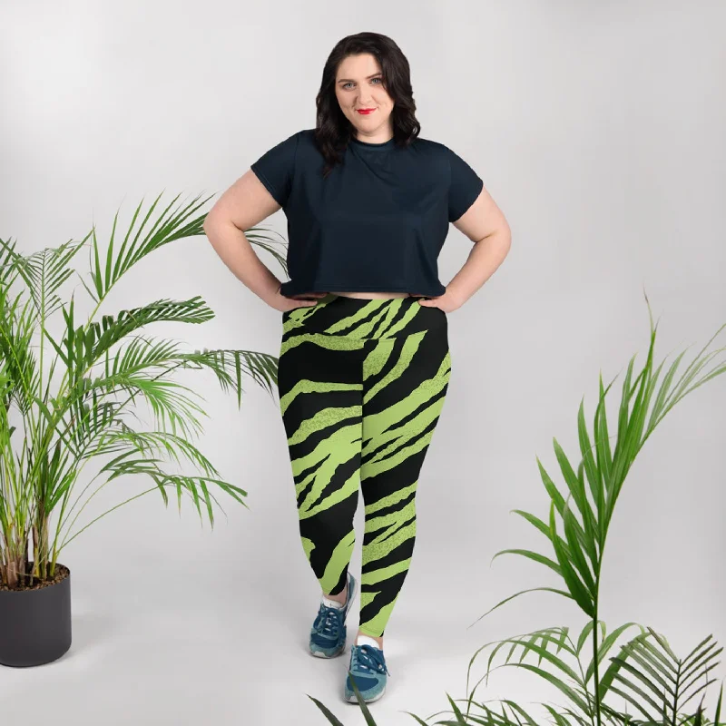 Green Tiger Plus Size Leggings, Black Tiger Stripe Animal Print Women's Long Yoga Pants Comfortable Running Leggings Green Tiger Plus Size Leggings, Black Tiger Stripe Animal Print Women's Long Yoga Pants Comfortable Running Leggings