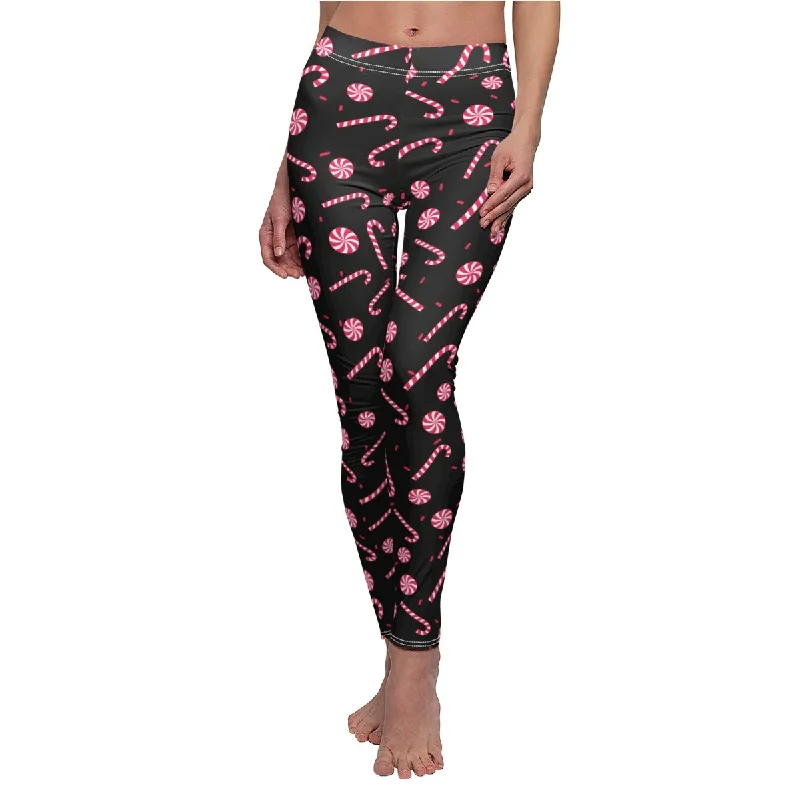 Black Candy Cane Women's Leggings, Christmas Party Fashion Casual Tights-Made in USA Stylish Printed Stretch Leggings