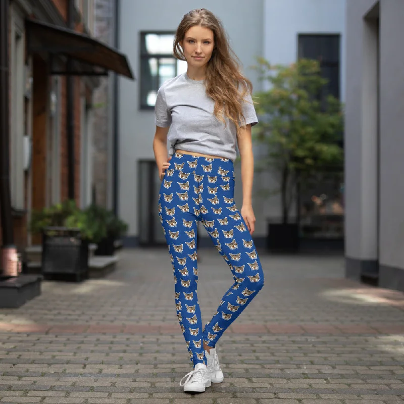 Dark Blue Cat Leggings, Peanut Meow Cat Print Women's Long Yoga Pants- Made in USA/EU Trendy Sporty Compression Leggings