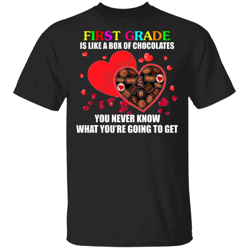 First Grade Is Like A Box Of Chocolates Matching Shirts For Elementary Middle Teacher Personalized Valentine Gifts T-Shirt Front Pockets Side Pockets Patch Pockets