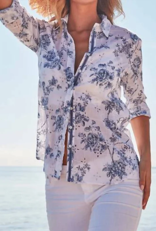 Santorini Eyelet White Button Down Boyfriend Shirt In Blue/ White Handmade Hand-knitted Hand-woven