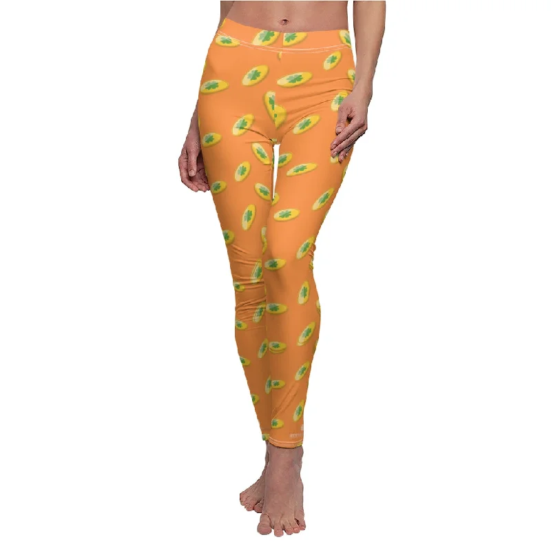 Orange St. Patty's Day Tights, Best St. Patrick's Day Gold Coins Print Women's Casual Fashion Leggings- Made in USA Elegant Satin Finish Leggings Orange St. Patty's Day Tights, Best St. Patrick's Day Gold Coins Print Women's Casual Fashion Leggings- Made in USA Elegant Satin Finish Leggings