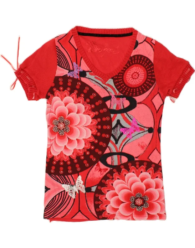DESIGUAL Womens Graphic T-Shirt Top UK 12 Medium Red Floral Rayon Fabric Velvet Fabric Corduroy Fabric