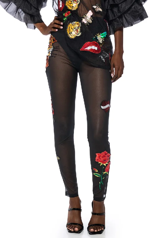 INKED SEQUIN APPLIQUE MESH LEGGING Trendy Spandex Leggings
