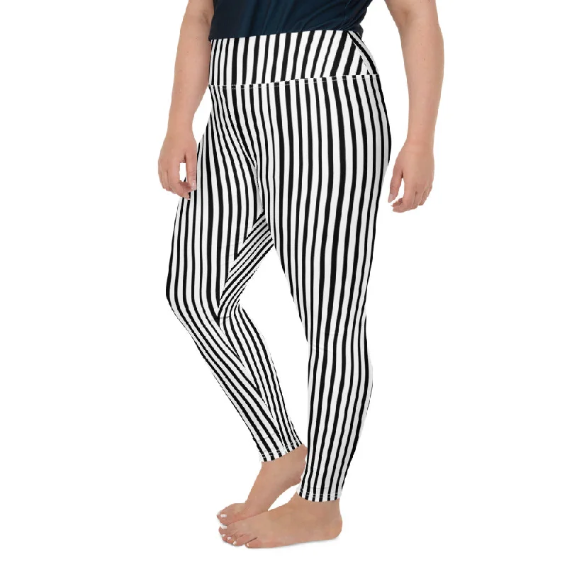 Vertical Striped Plus Size Leggings, White Black Women's Best Yoga Pants- Made in USA/EU Comfortable Sports Performance Tights