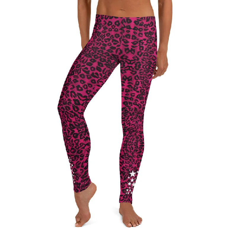 Pink Leopard Women's Leggings, Animal Print With White Stars Casual Tights-Made in USA/EU Trendy High-Waist Tummy Control Leggings