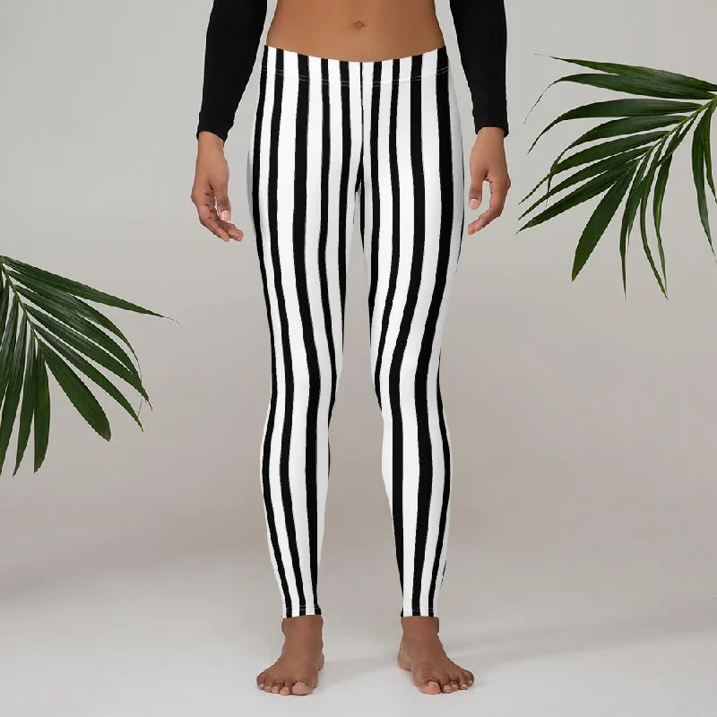 Black White Striped Women's Leggings, Casual Dressy Fashion Tights- Made in USA/ EU Elegant Animal Print Leggings