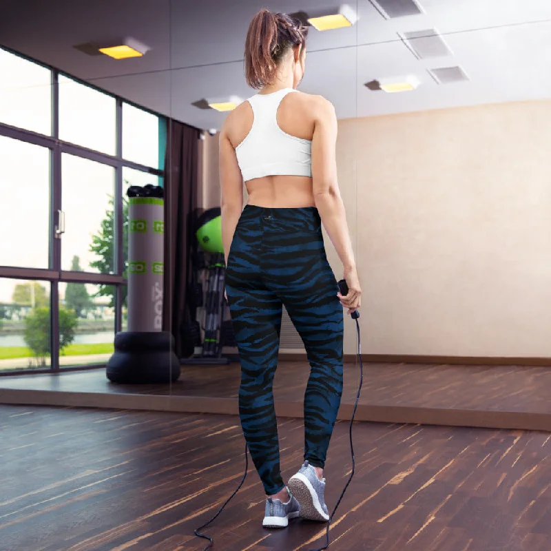 Navy Blue Tiger Yoga Leggings, Striped Animal Print Women's Long Tights-Made in USA/EU Elegant Sheer Leggings