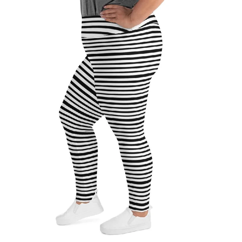 Horizontal White Striped Long Tights, Black Stripe Print Women's Plus Size Leggings Tights- Made in USA/ EU Comfortable Slim Fit Leggings
