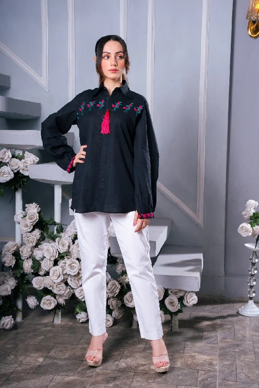 Western Black Shirt Notch Collar Peter Pan Collar Cowl Neck