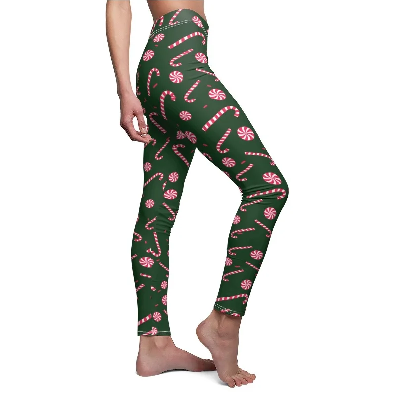 Green Christmas Long Tights, Red and White Candy Cane Women's Christmas Holiday Themed Casual Leggings Stylish Ankle-Length Leggings