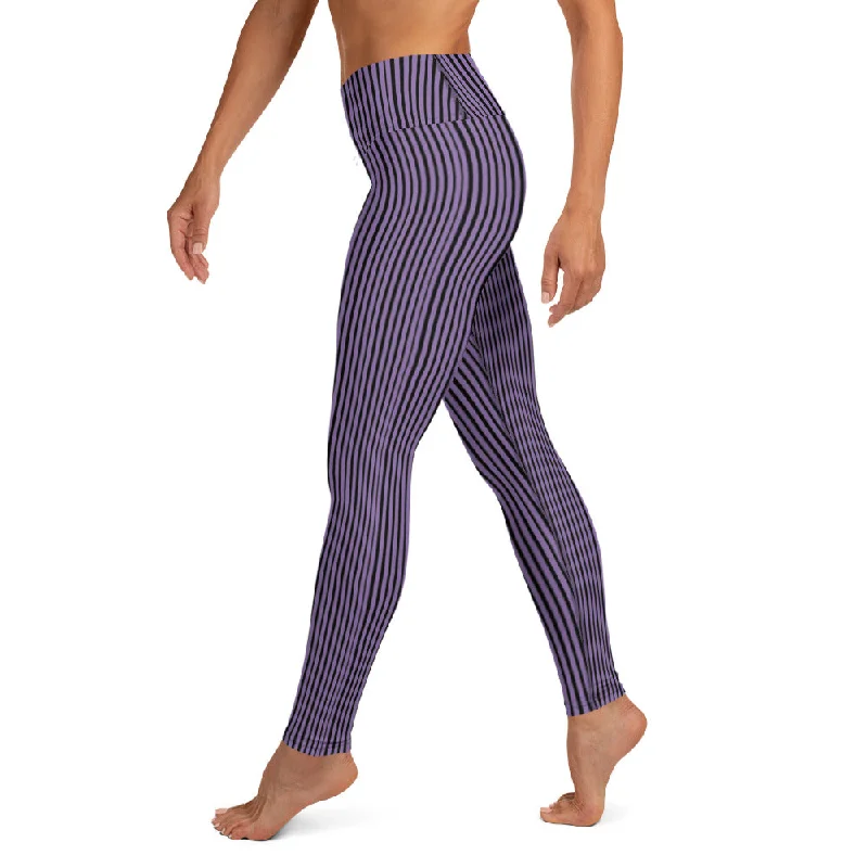 Purple Striped Women's Yoga Leggings, Modern Best Long Gym Tights-Made in USA/EU/MX Cozy Yoga Compression Leggings