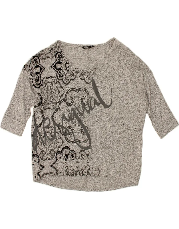 DESIGUAL Womens Oversized Graphic T-Shirt Top UK 10 Small Grey Paisley Fleece Fabric Down Fabric Feather Fabric