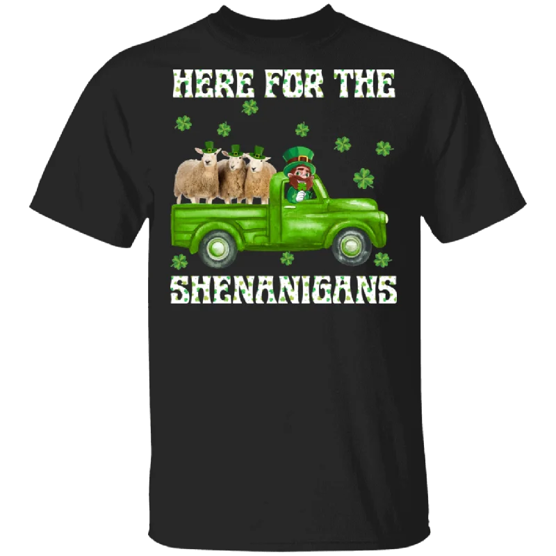 Here For The Shenanigans Leprechaun Sheep St Patrick's Day T-Shirt Solid Print Embellished