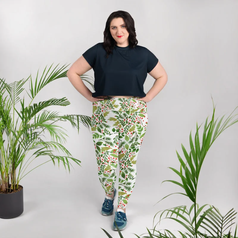 Christmas White Green Women's Tights, Winter Floral Print Women's Plus Size Leggings- Made in USA/ EU Trendy Seamless Sports Leggings Christmas White Green Women's Tights, Winter Floral Print Women's Plus Size Leggings- Made in USA/ EU Trendy Seamless Sports Leggings