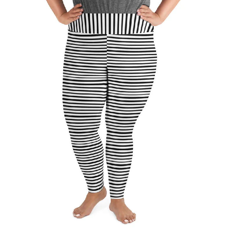 Horizontal Striped Plus Size Leggings, Black White Women's Yoga Pants- Made in USA/EU Trendy Minimalist Leggings