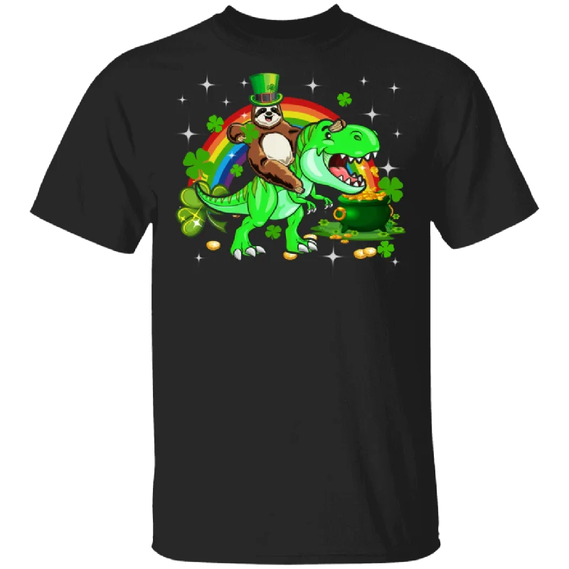 Leprechaun Sloth Riding T-rex Funny St Patrick's Day T-Shirt Hooded Caped Shawl Collar Leprechaun Sloth Riding T-rex Funny St Patrick's Day T-Shirt Hooded Caped Shawl Collar
