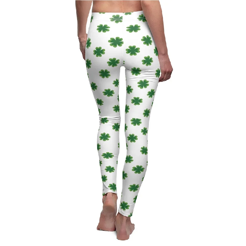 White Green Clover Tights, Best St. Patrick's Day Green Clover Print Women's Long Casual Leggings- Made in USA Trendy Sports Performance Leggings