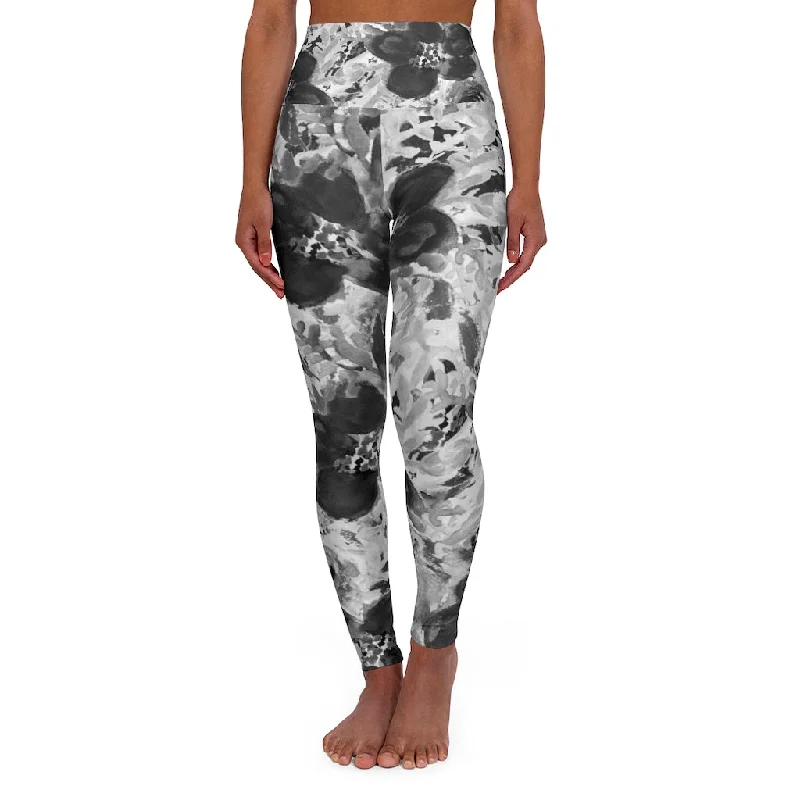 Floral High Waisted Yoga Leggings, Black Grey White Flower Print Women's Tights-Made in USA Comfortable Fleece-Lined Leggings