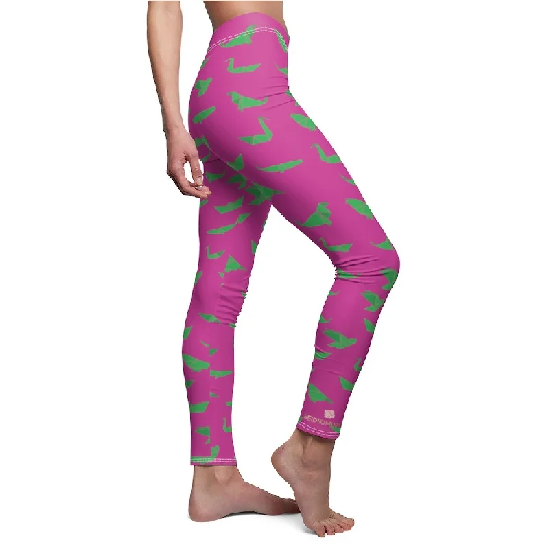 Hot Pink Green Japanese Crane Origami Print Women's Dressy Casual Leggings-Made in USA Comfortable Plus Size Leggings