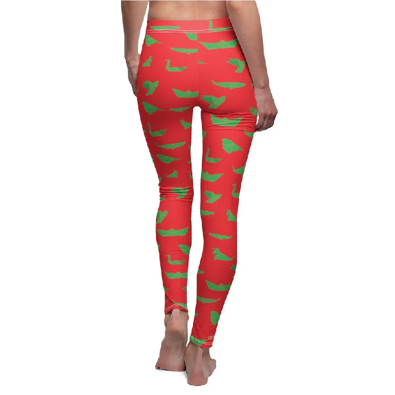 Red Green Crane Casual Tights, Best Japanese Style Crane Origami Print Women's Dressy Casual Leggings-Made in USA Classic Solid Color Leggings