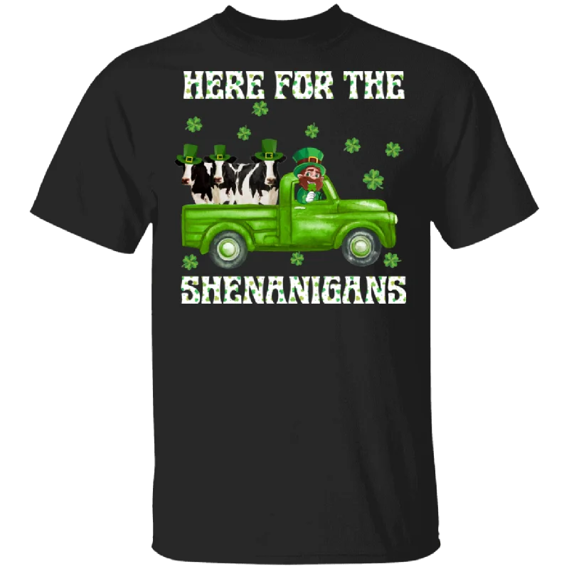 Here For The Shenanigans Leprechaun Cow Heifer Patrick's Day T-Shirt Embroidered Appliqued Beaded