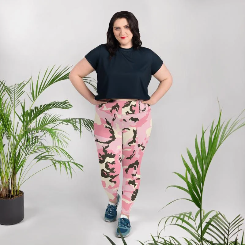 Pink Camouflage Plus Size Tights, Best Camo Military Army Print Women's Plus Size Leggings- Made in USA/ EU Stylish Printed Sport Leggings