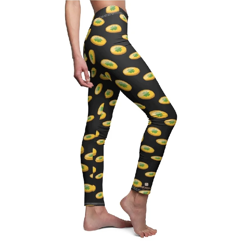 Black St. Patrick's Day Leggings, Gold Coins Women's Fancy Casual Tights- Made in USA Trendy Tie-Dye Leggings Black St. Patrick's Day Leggings, Gold Coins Women's Fancy Casual Tights- Made in USA Trendy Tie-Dye Leggings