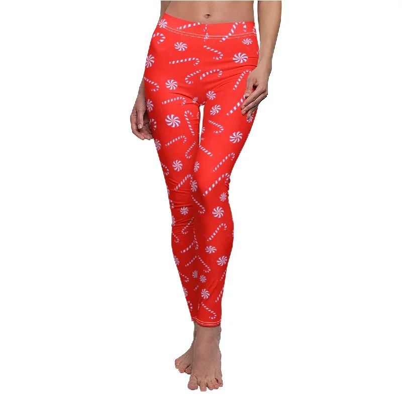 Red Candy Cane Christmas Leggings, Best Bright Red and White Candy Cane Women's Christmas Print Holiday Casual Leggings Comfortable Plus Size Leggings