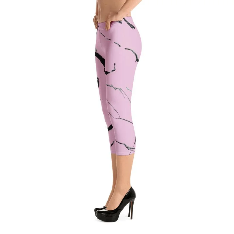 Light Pink Marble Ladies' Tights, Marble Print Women's Dressy Capri Leggings Pants Tights- Made in USA/ EU Stylish Sporty Performance Leggings