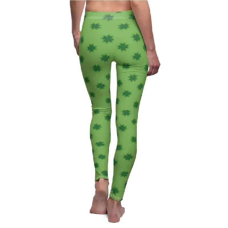 Light Green St Patty's Tights, St. Patrick's Day Green Clover Print Women's Long Casual Leggings- Made in USA Fashionable Seamless Leggings