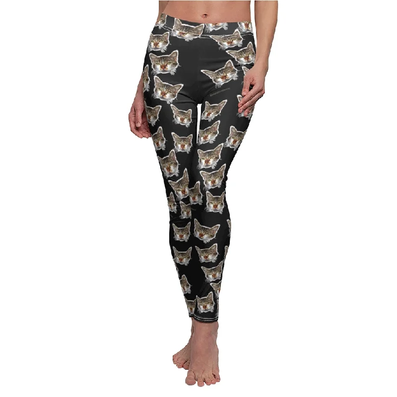 Black Peanut Casual Leggings, Meow Cat Cute Calico Print Women's Yoga Tights - Made in USA Comfortable Lounge Leggings