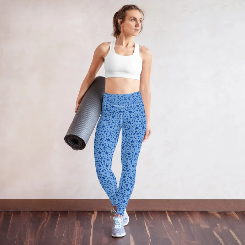 Blue Star Women's Leggings, Star Pattern Long Gym Workout Yoga Pants- Made in USA/EU Trendy Colorblock Print Leggings