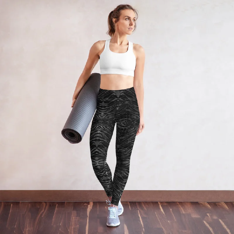 Black Tiger Striped Yoga Leggings, Women's Animal Print Long Yoga Pants-Made in USA/EU Comfortable Plus Size Leggings