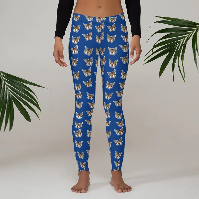 Blue Cat Leggings, Peanut Meow Calico Cat Print Women's Casual Tights- Made in USA/EU Comfortable Slim Fit Leggings