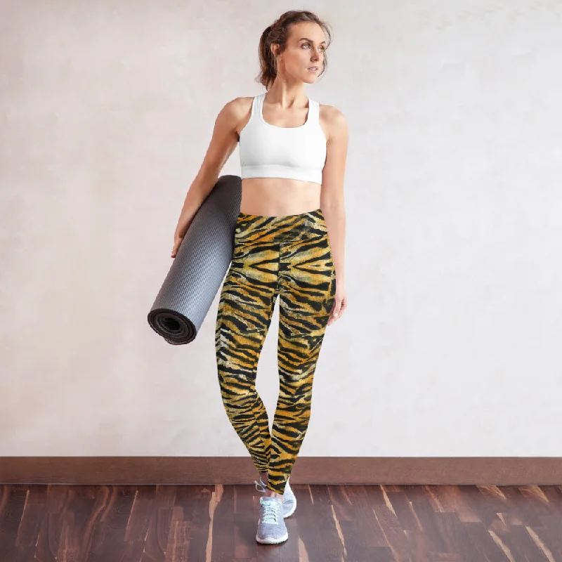 Orange Tiger Stripe Yoga Leggings, Women's Striped Animal Print Tights-Made in USA/EU Stylish Athletic Wear Leggings