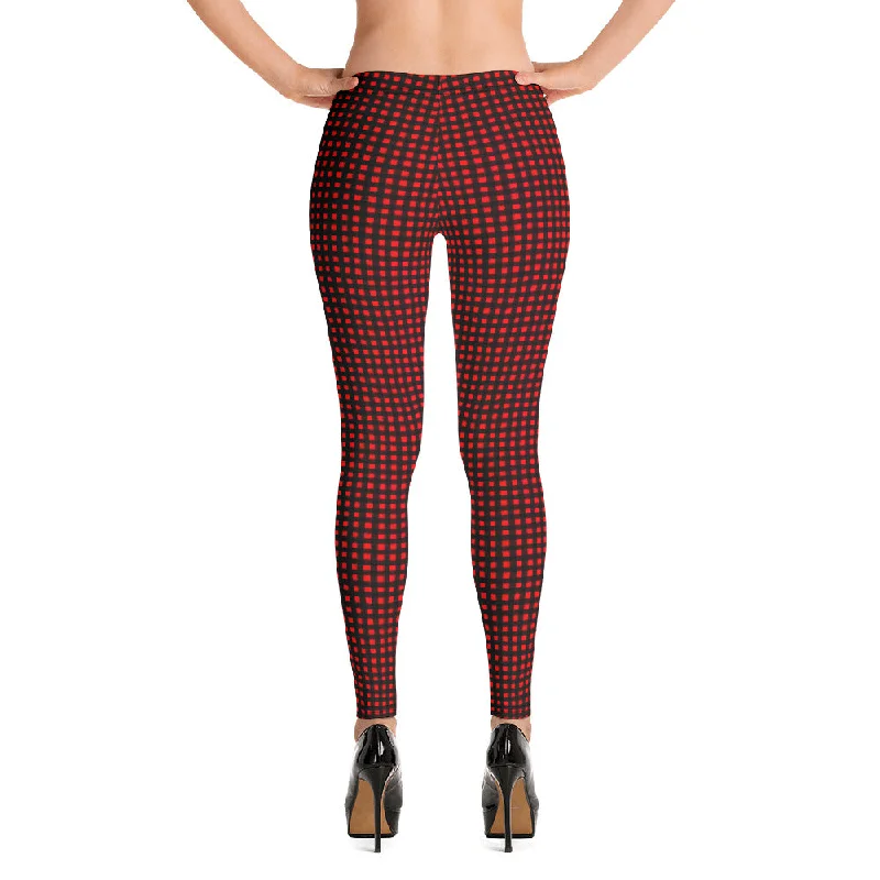 Buffalo Red Plaid Print Leggings, Best Christmas Party Women's Casual Leggings For Women Cozy Ribbed Leggings
