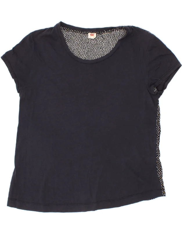 LEVI'S Womens Abstract Pattern T-Shirt Top UK 10 Small Navy Blue Zippered Front Buttoned Front Snap Front