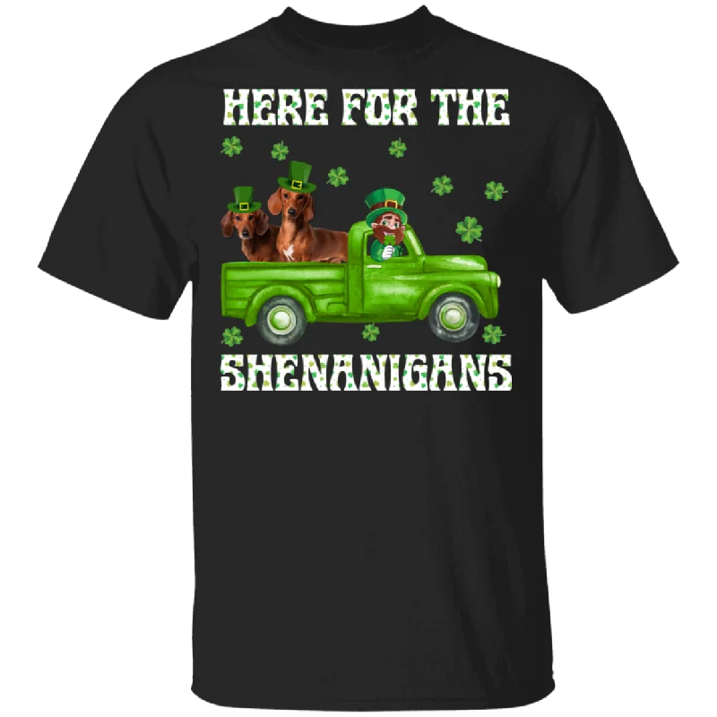 Here For The Shenanigans Leprechaun Dachshund St Patrick's Day T-Shirt Mesh Blend Leather Blend Suede Blend
