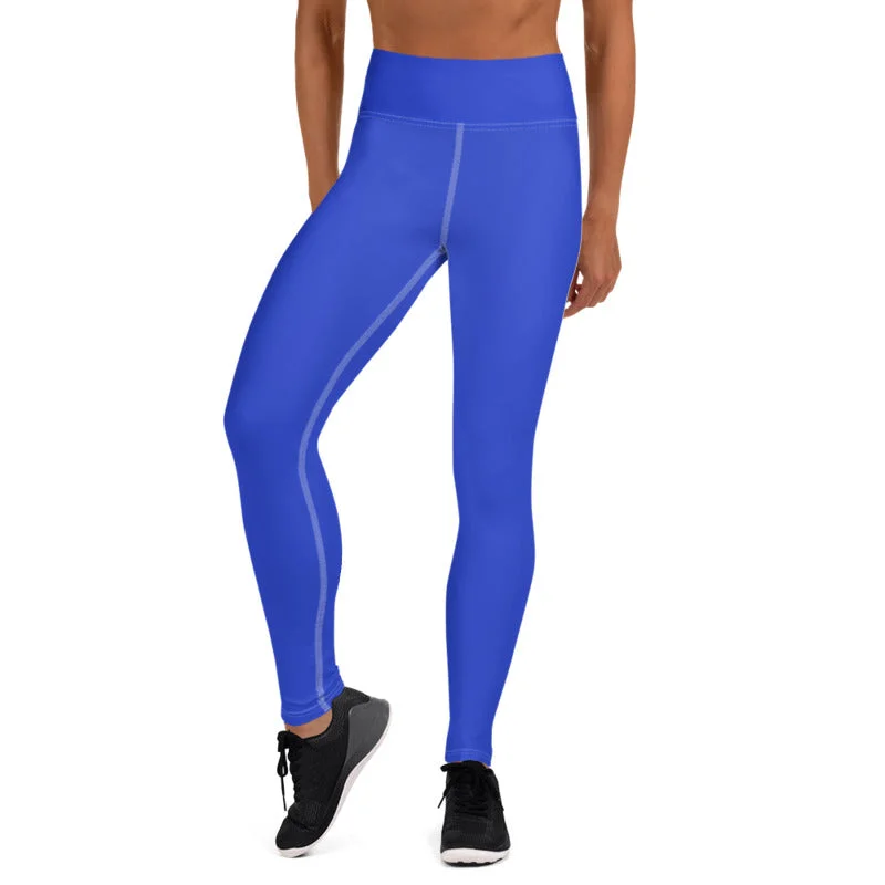 Blue Women's Yoga Pants, Solid Color Premium Long Yoga Leggings - Made in USA/ EU Fashionable Fitted Workout Leggings
