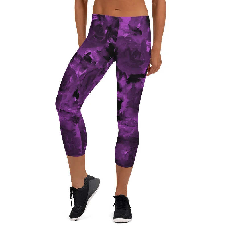 Purple Floral Capri Leggings, Premium Sporty Best Women's Capris Tights-Made in USA/EU Trendy Seamless Fit Leggings